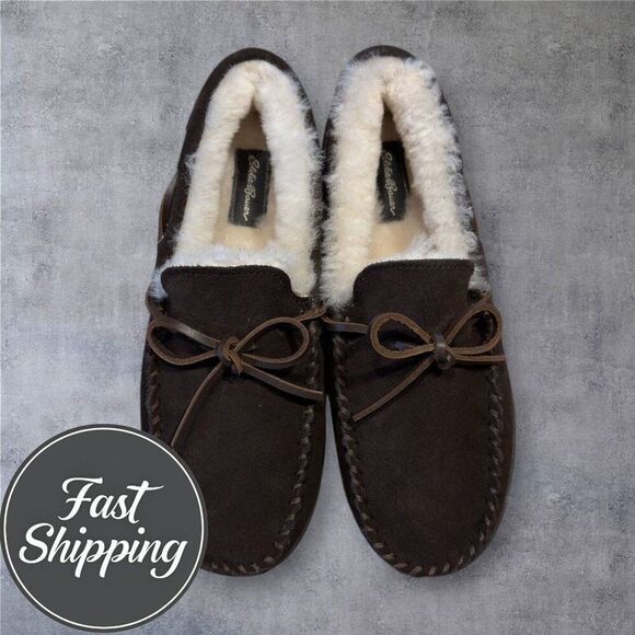 $110 EDDIE BAUER REAL SHEARLING/SUEDE SLIP ON LOAFER SLIPPERS MENS SIZE 10 Brown - Picture 1 of 8